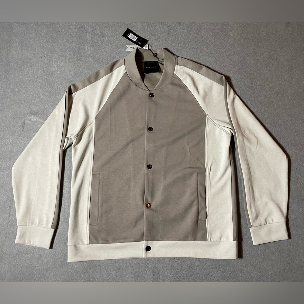 Elie Tahari Men’s Jacket Tan White  Size Large Raglan Varsity Coat Casual